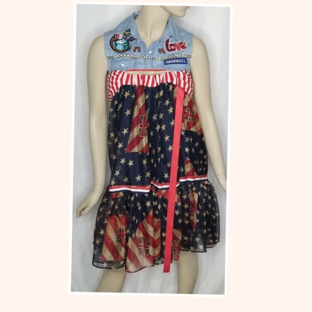 All Must' Art Patriot Denim & Crepe Multicolor Patches Sleeves Shirt Dress